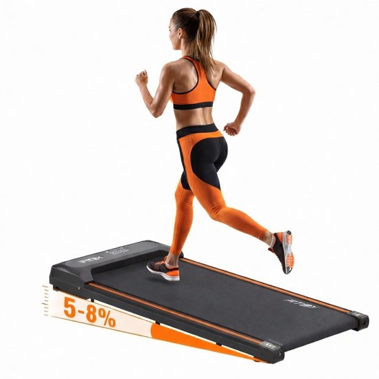 Tapis de course Fitby - Tapis de course avec inclinaison 5% - 8% - Tapis de course 1-8 km/h - Tapis de course - Tapis de marche - Noir Orange