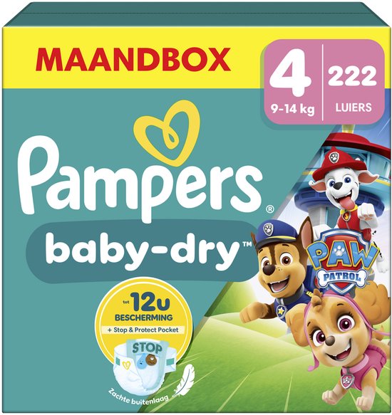 Pampers Baby-Dry, édition Paw Patrol, taille 4, 222 couches, 9 kg-14 kg