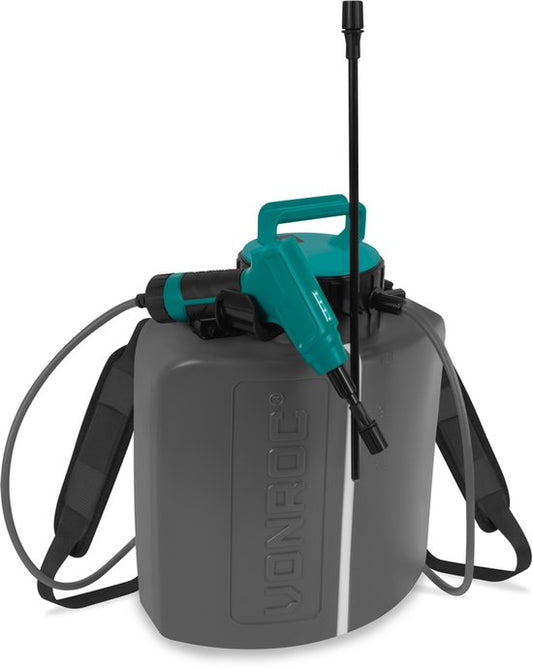 VONROC Accu pulvérisateur à pression 10 litres - Batterie 4V intégrée - 2 lances de pulvérisation, bandoulières et câble de chargement USB-C inclus.