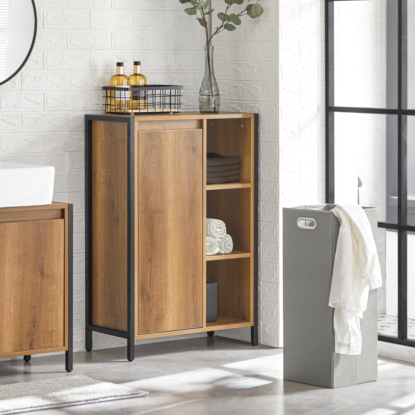 SoBuy Armoire de toilette - Panier à linge basculant - 3 compartiments - 24 x 24 x 60 cm - couleur bois