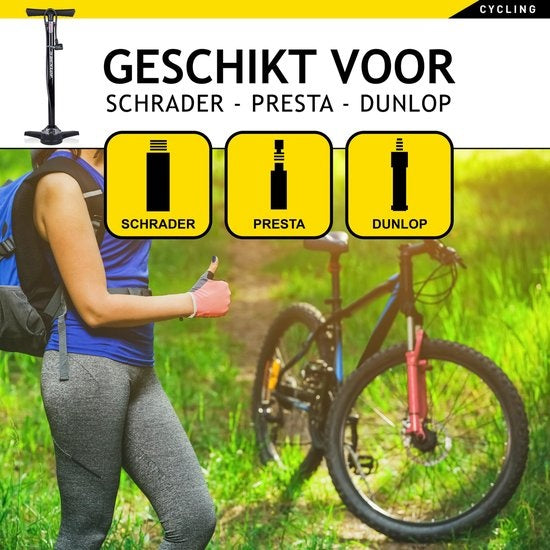 Pompe à vélo Dunlop avec manomètre - Double valve - Dutch Valve/ French Valve/ Auto Valve
