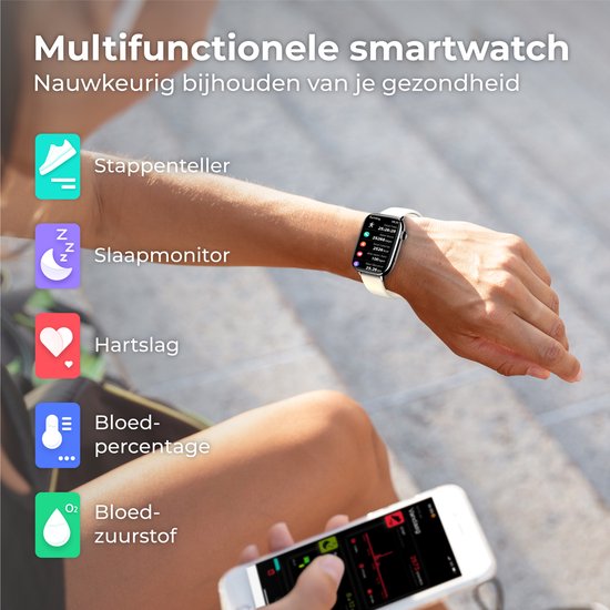 Nuvance - Smartwatch Hommes et Femmes avec Bluetooth - IP68 Waterproof - Convient à tous les Smartphones - Podomètre et moniteur de fréquence cardiaque - Argent