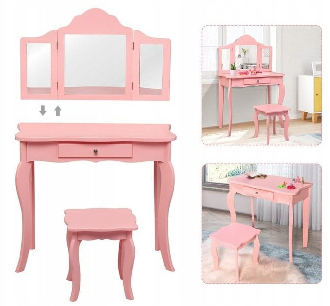 Coast - Coiffeuse/Bureau Kids 2-en-1 (avec tabouret) - Miroir triple, tiroir - 70 x 34 x 104 cm - MDF/Bois vert - Rose