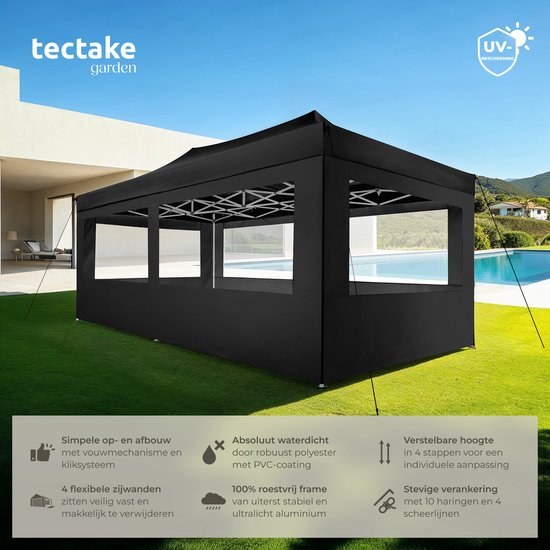 Pavillon pliable tectake® - Pliable et imperméable - Pavillon de jardin avec 4 panneaux latéraux - S'accompagne de piquets, de cordes de tension et d'un sac de rangement - Auvent de terrasse, tente de fête - 6 x 3 m - Noir