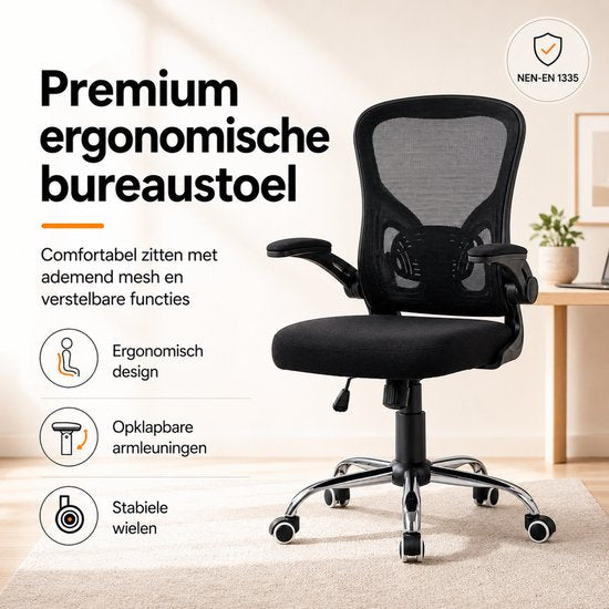Chaise de bureau ergonomique Infinity Goods - Chaise de bureau - Soutien lombaire 4D et revêtement en maille - Accoudoirs rabattables - Jusqu'à 150 kg - NEN-EN1335 - Noir