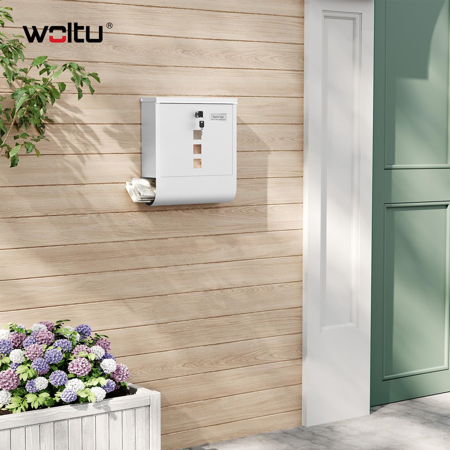 Boîte aux lettres murale Woltu - 10 x 30,8 x 33,8 cm - Compartiment à journaux - Plaque nominative - Blanc