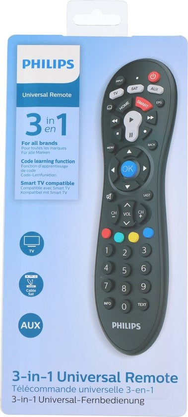 PHILIPS - Télécommande universelle - SRP3013/10 - 3-en-1 - Fonction d'apprentissage - Grande bibliothèque de codes IR - Smart TV