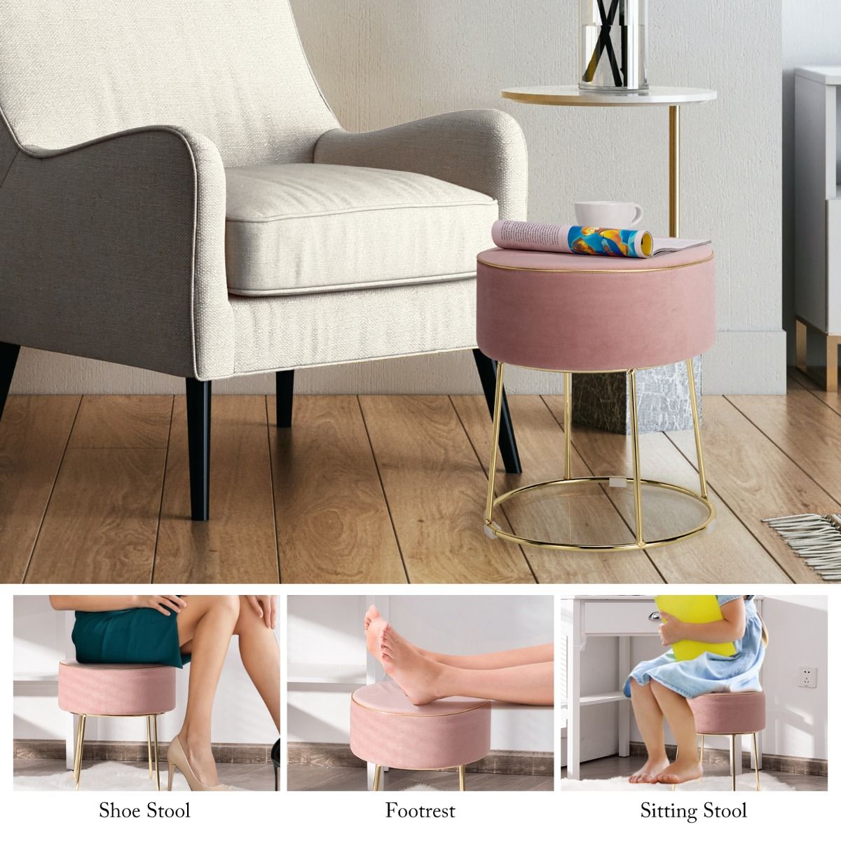 Pouf rond en velours Coast avec pieds métalliques - Tabouret rembourré pour maquillage - Capacité de charge : 150 kg - 34 x 34 x 41 cm - Rose