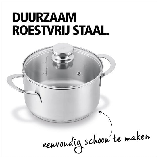 BRABANTIA ENJOYMENT Casserole - Ø 24 cm - Acier inoxydable - Couvercle en verre - Sans PFAS - Compatible avec l'induction