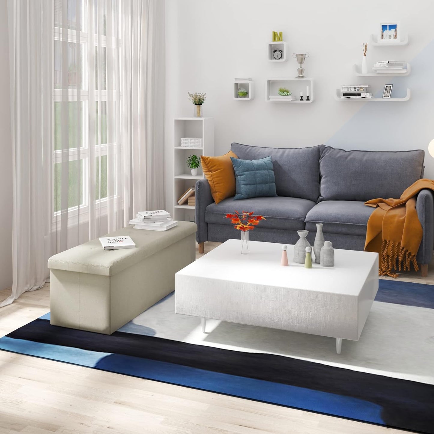 Banc de rangement pliable Woltu avec espace de rangement - 118 litres - 110 x 37,5 x 38 cm - Lin blanc crème - Capacité de charge maximale : 300 kg