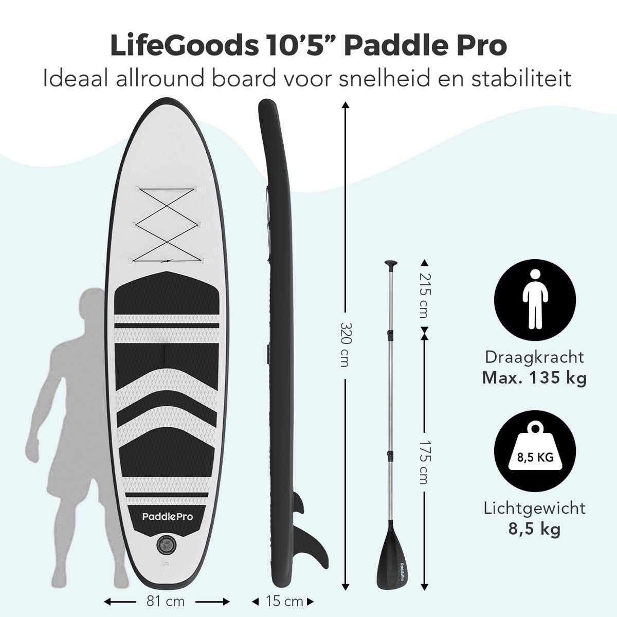 LifeGoods SUP Board - Planche à pagaie gonflable - Ensemble complet - Max. 135KG - 320x81cm - Blanc/Noir