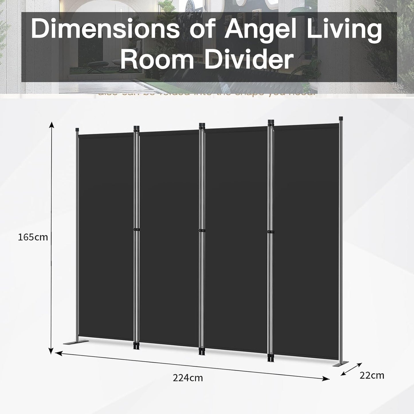 Angel Living Paravent de chambre - 4 pièces - 224x165 cm - Pliable - Acier et polyester - Séparation de pièces et intimité - Noir