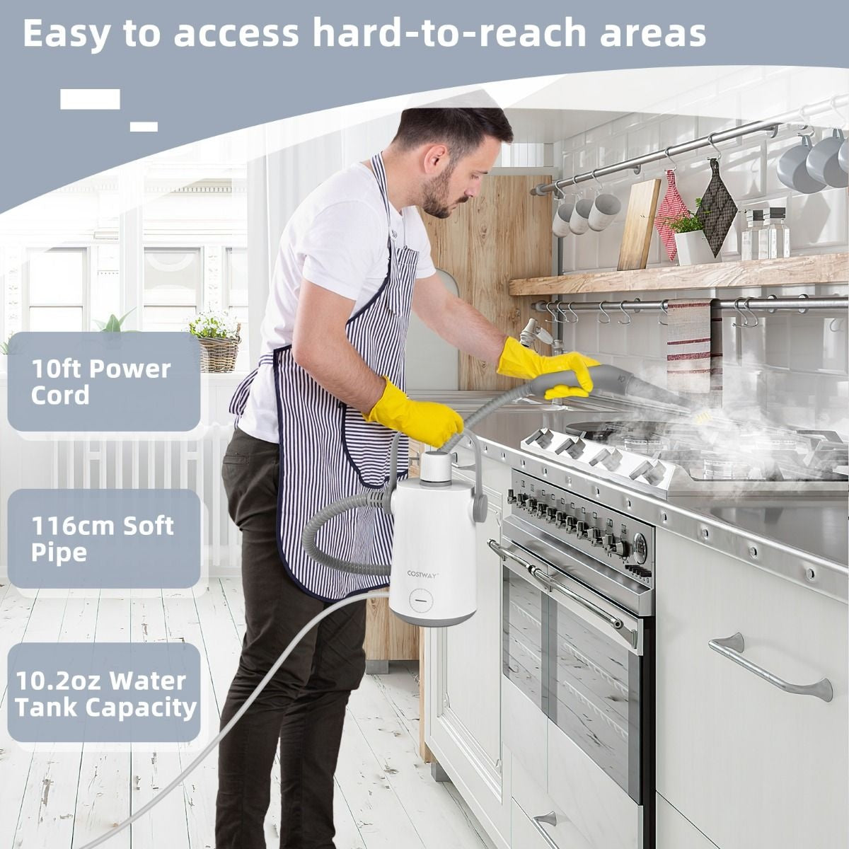 Nettoyeur vapeur portatif Coast - 1000W - 300ml - 10 accessoires inclus - Gris/Blanc