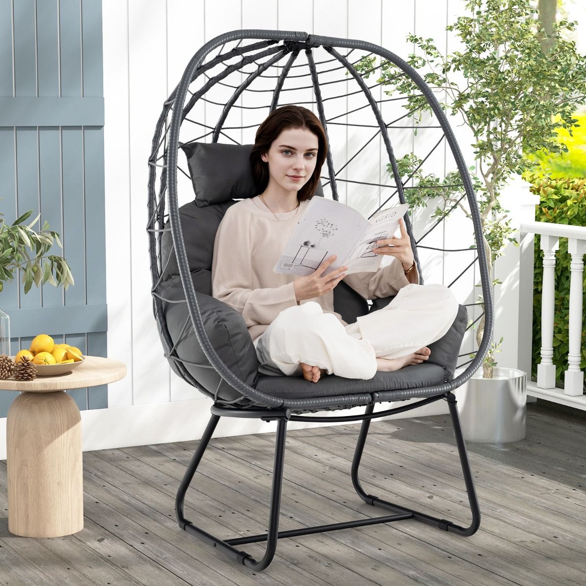 Fauteuil de détente Coast Rotan - forme ovale surdimensionnée - coussin amovible - gris