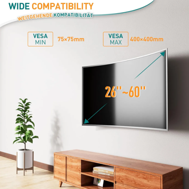 Support mural pour téléviseur ELIVED Ultra Slim 26 à 60 pouces - Inclinable - Jusqu'à 45 kg