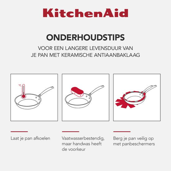 Ensemble de poêles en acier inoxydable KitchenAid, 3 pièces, 20/24/28 cm - Revêtement antiadhésif sans PFAS - Ensemble de poêles compatible induction - Poêle en céramique - Résistant au four jusqu'à 220 °C - Argent