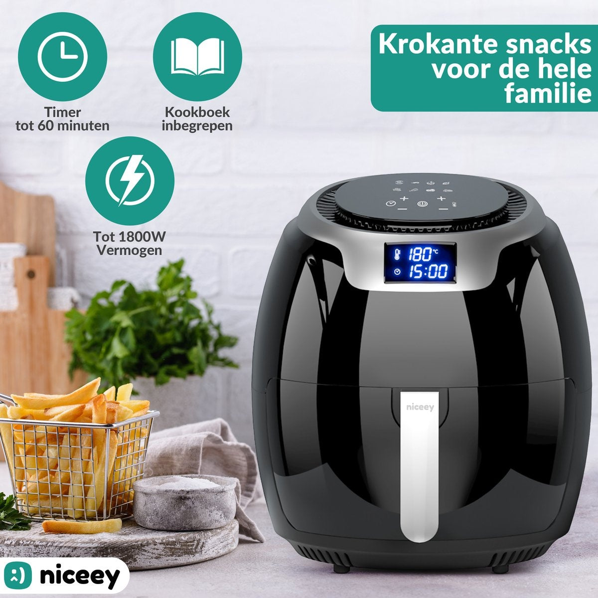 Niceey Airfryer XXL - Friteuse à air chaud - 8L - 1800W - Noir