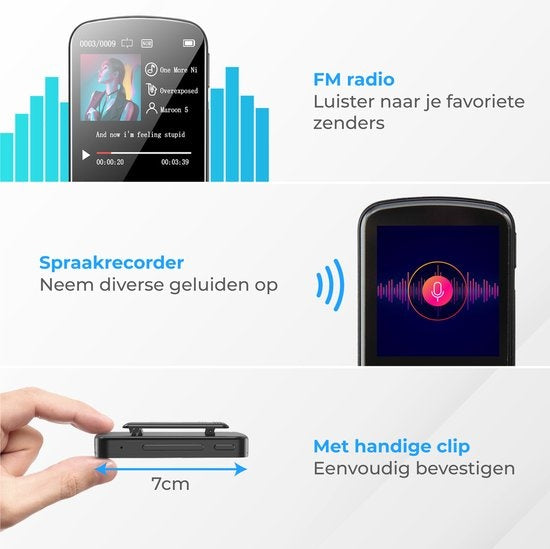 Nuvance - Lecteur MP3 avec écran tactile et Bluetooth - Ecouteurs et carte SD 32GB inclus - avec clip - Enregistreur vocal numérique - avec radio FM - Noir