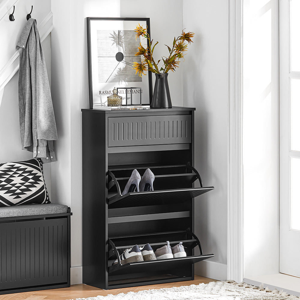SoBuy Meuble à chaussures FSR165-SCH - 2 abattants et 1 tiroir - MDF - 61 x 26 x 100 cm - Noir