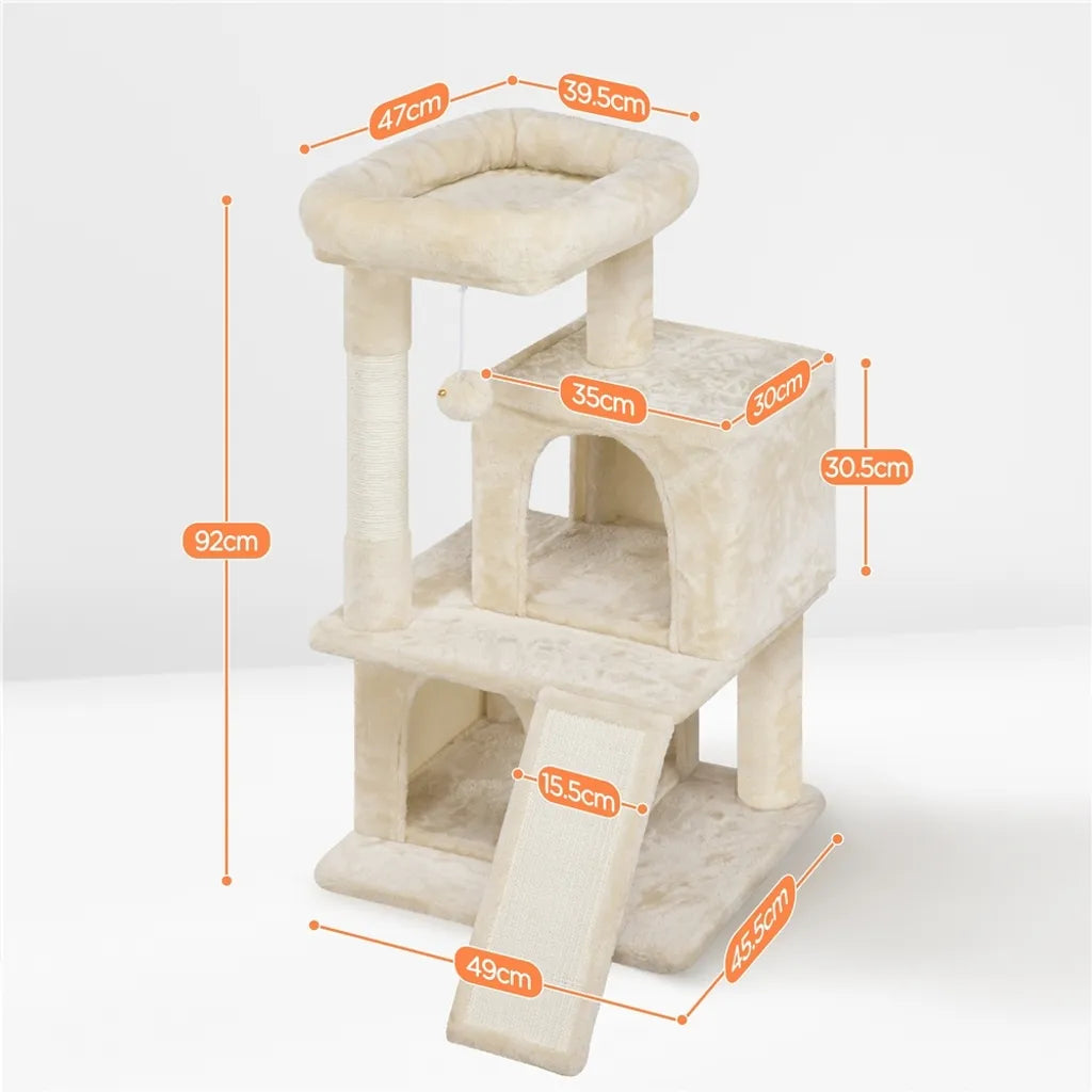 Yaheetech Cat Post Beige - 91 cm de haut - Avec 2 maisons pour chat, griffoirs en sisal et balle de jeu