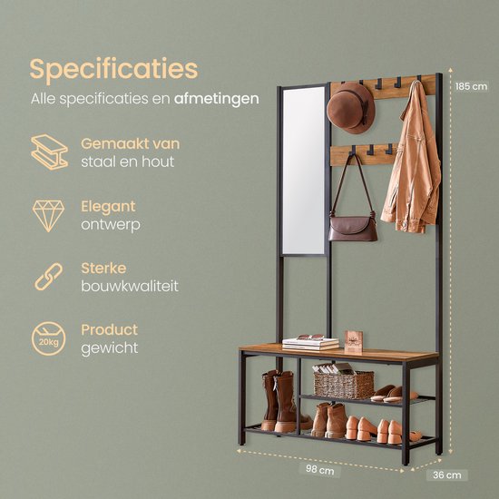 O'DADDY® Clothes Rack With Mirror - Porte-manteau - Shoe Rack - Coat rack upright - Vintage Look - Black and Brown - Shoe Rack - Coat racks