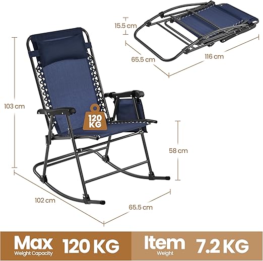 Fauteuil à bascule pliable d'extérieur Yaheetech - Bleu foncé - Fauteuil de détente avec oreiller et porte-gobelet