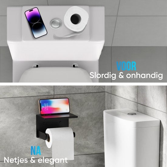 Strex Porte-rouleau de papier toilette avec étagère - Noir - Autocollant / Perçage / Sans perçage - Porte-rouleau de papier toilette - Porte-papier toilette