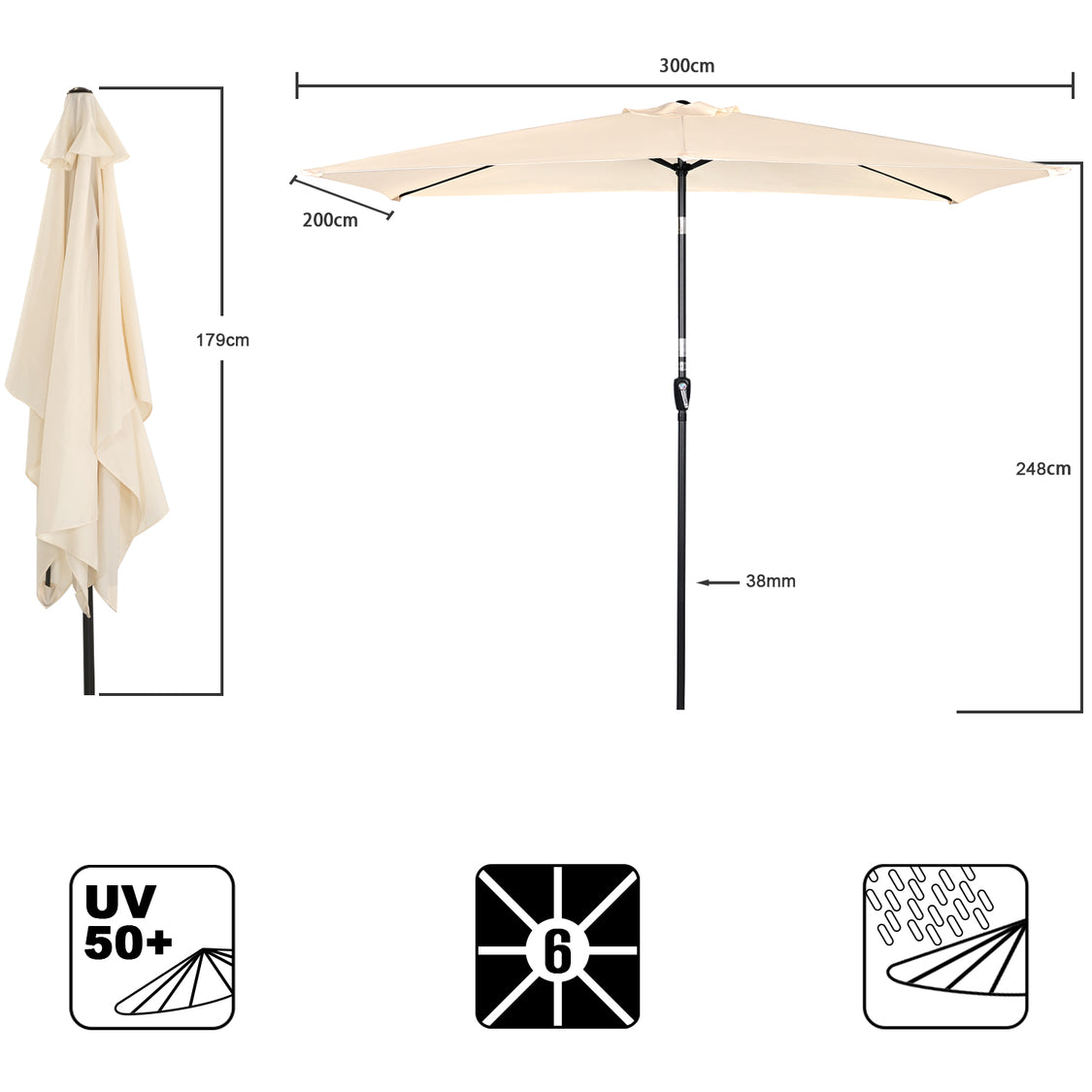 Angel Living Parasol - 3 x 2 m - Rectangulaire - Beige