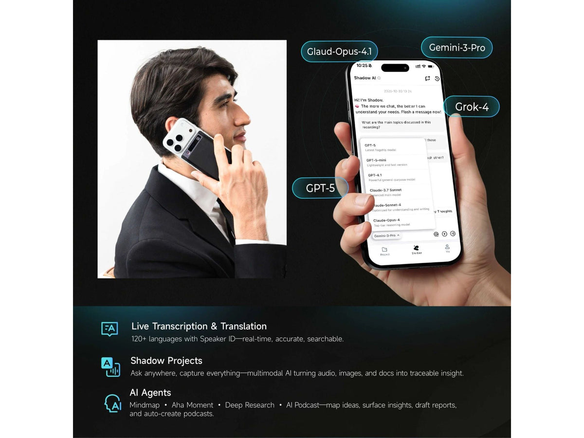Enregistreur vocal Mobvoi TicNote AI - Enregistrement en mode double - 64 Go de stockage - Transcription par IA