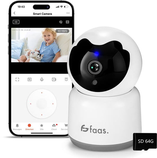 Caméra de sécurité intérieure - avec vision nocturne - Wifi et SD 64GB - Caméra de surveillance - Full HD - Tuya Smart - Blanc - by Saaf