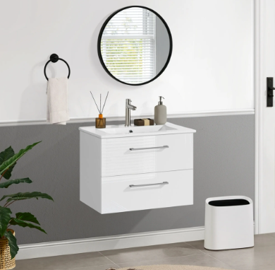 Meuble de salle de bains Yaheetech avec lavabo - Blanc brillant - 61 x 39,5 x 45,5 cm - Fixation murale, 4 tiroirs, lavabo en céramique