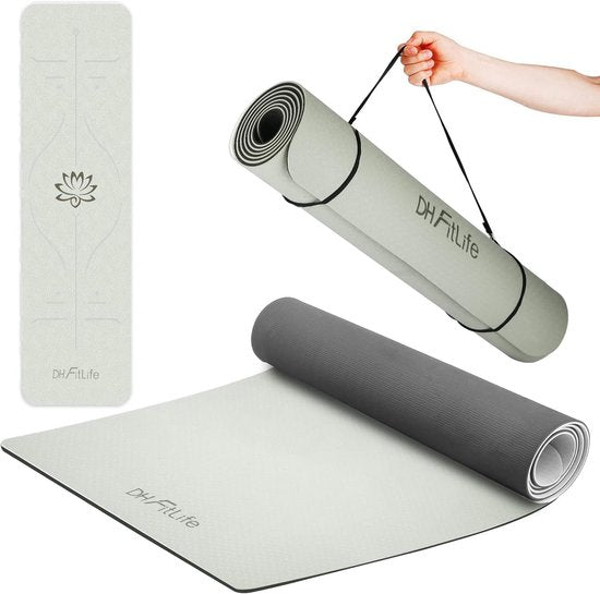 DH FitLife tapis de yoga en TPE, 183 x 61 x 0,6 cm, tapis de gymnastique, tapis d'entraînement des deux côtés antidérapant et respectueux de l'environnement, tapis de fitness avec lignes d'orientation (Gris)