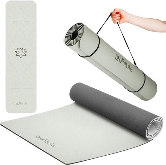 DH FitLife tapis de yoga en TPE, 183 x 61 x 0,6 cm, tapis de gymnastique, tapis d'entraînement des deux côtés antidérapant et respectueux de l'environnement, tapis de fitness avec lignes d'orientation (Gris)