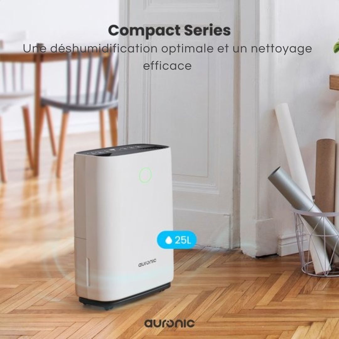 Déshumidificateur Auronic - Série compacte - 25L par jour - Fonction Lavage-Séchage - Chambre à coucher, salle de bain et salon - Blanc