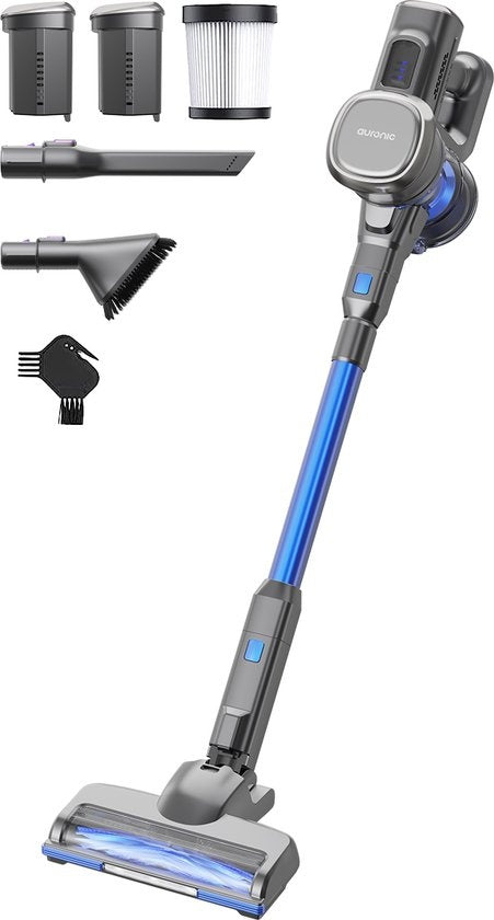 Aspirateur Balai - Auronic - Sans fil - Sans sac -Double batterie - Filtre HEPA lavable - 220 W - Gris/Bleu