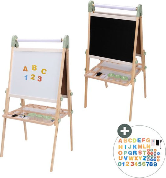 Sunny Luna Activités – Chevalet réglable en bois pour enfants – Chevalet de jeu avec tableau blanc et ardoise – Tableau magnétique – Rouleau de papier, gobelets et accessoires inclus – Jouet éducatif