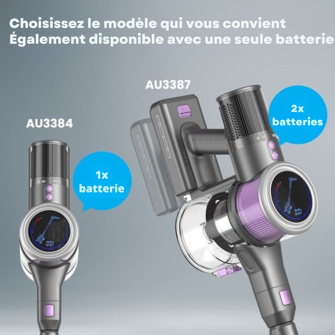 Aspirateur sans fil - Auronic - Sans sac - Sur batterie - Autonome - 350W - Batterie supplémentaire - Gris/Pourpre