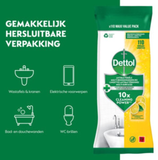 Lingettes nettoyantes multi-usages Dettol Maxi, parfum citron, 110 pièces