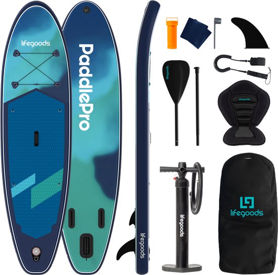 Planche de SUP LifeGoods Allround Compact - avec siège - capacité de charge de 100 kg - 300 x 76 cm - gonflable - kit SUP complet - bleu/vert