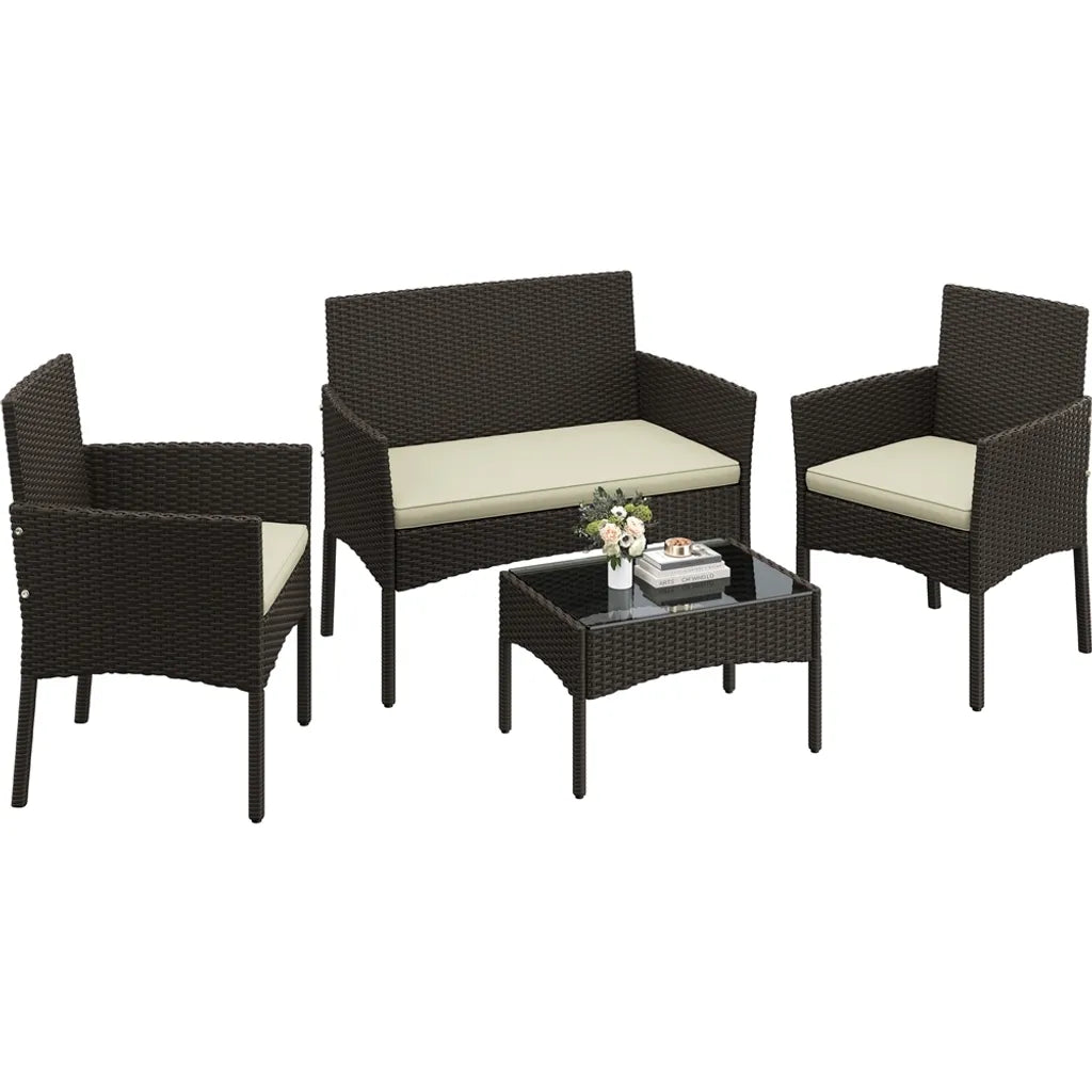 Ensemble de salon Yaheetech en polyrotin, 4 pièces - Marron/Beige - Ensemble de jardin comprenant un canapé 2 places, 2 chaises et une table