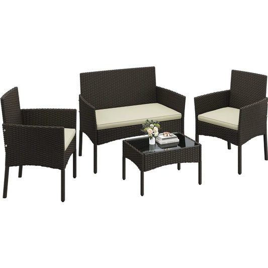 Ensemble de salon Yaheetech en polyrotin, 4 pièces - Marron/Beige - Ensemble de jardin comprenant un canapé 2 places, 2 chaises et une table
