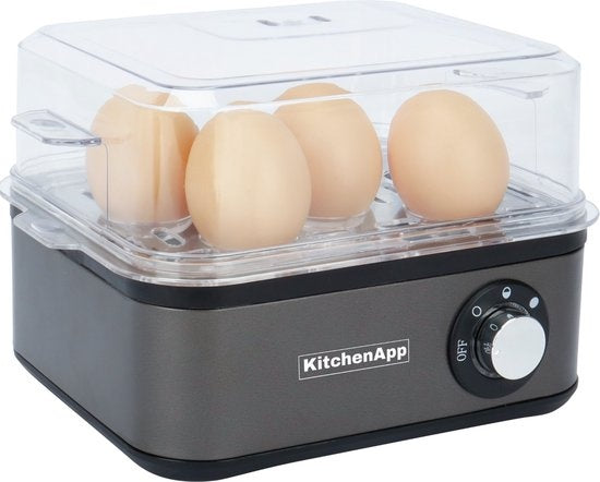 KitchenApp Chaudron à oeufs électrique - Convient pour 8 oeufs - Avec minuterie - Inclut un gobelet gradué - Gris argenté