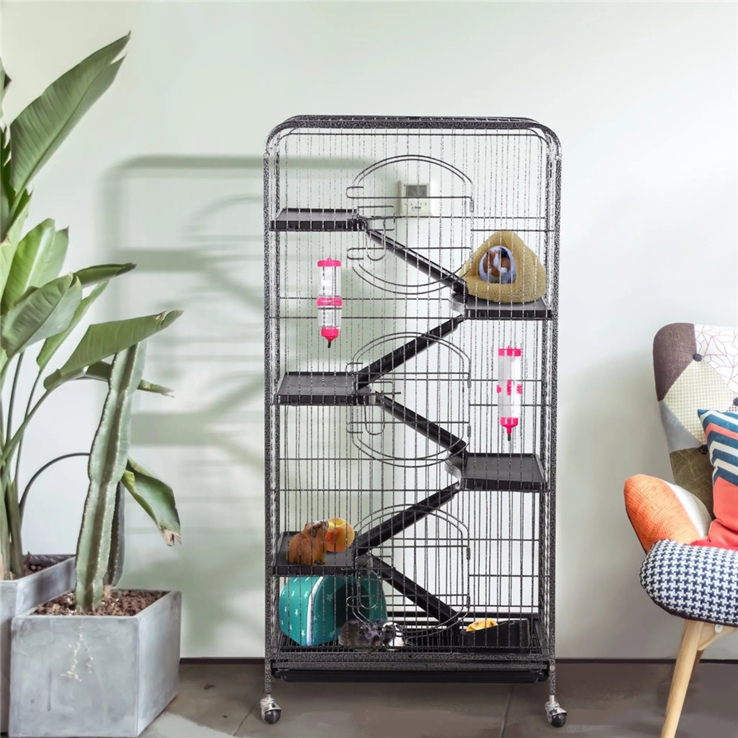 Yaheetech Cage pour rongeurs avec 3 étages - 64 x 43,7 x 131,2 cm - avec 5 rampes et base mobile et tiroir amovible - pour furet et chinchilla - métal noir