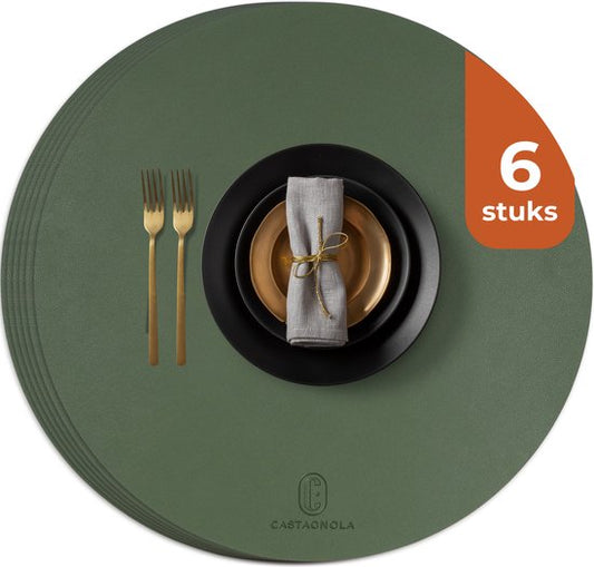 Sets de table Castagnola aspect cuir - Sets de table ronds - Sets de table antidérapants en cuir artificiel - Dessous de verre hydrofuge - Dessous de verre - 6 pièces - Diamètre 38 cm - Vert
