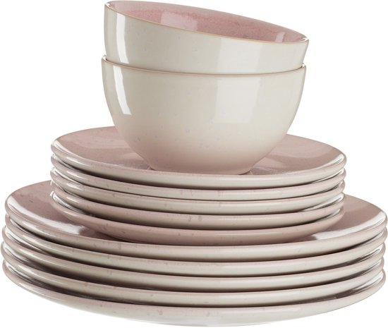 tectake® Service de table Mare - 24 pièces - Grès à émail brillant - Pour 6 personnes - Service de table fait main - Service de table moderne comprenant des grandes et petites assiettes, des bols et des petits plats - Lavable au lave-vaisselle et utilisab