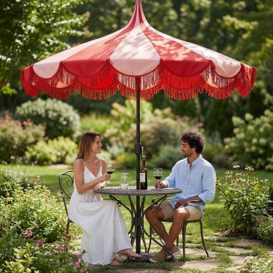 Mica Decorations Kim : parasol rayé avec sac de transport - Parasol à mât 238 x Ø235 cm - Parasol de jardin ou de balcon - Polyester, acier - Rouge