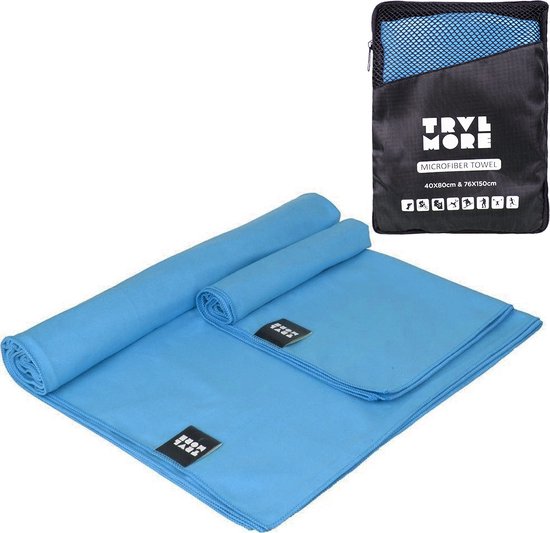 TRVLMORE Set de serviettes de voyage en microfibre - 2 pièces - Petit (40 x 80 cm) & Grand (76 x 150 cm) - Microfibre - Bleu