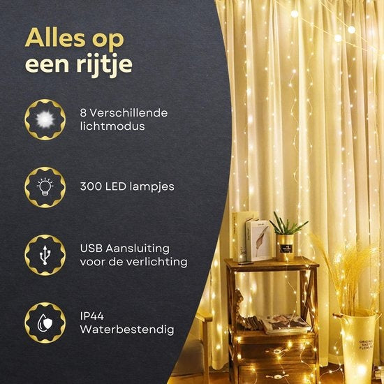 Rideau Lumineux LED pour les Fêtes - Giftmas - Guirlande Lumineuse de Noël pour Usage Intérieur et Extérieur - Télécommande Incluse - 300 LED - 3x3m