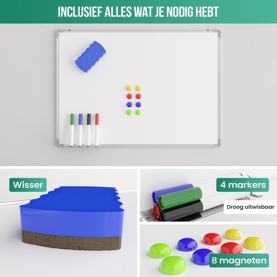 Tableau blanc - Avalo - 60x90 cm - 14 en 1 set - Tableau blanc magnétique incluant marqueurs, aimants et gomme