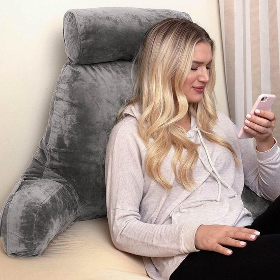 Ella® Leeskussen met Nekrol - Relax Kussen - Zitkussen - Onderrug Ondersteuning - Lekker Lui Lezen Kussen - Fluweel Lichtgrijs